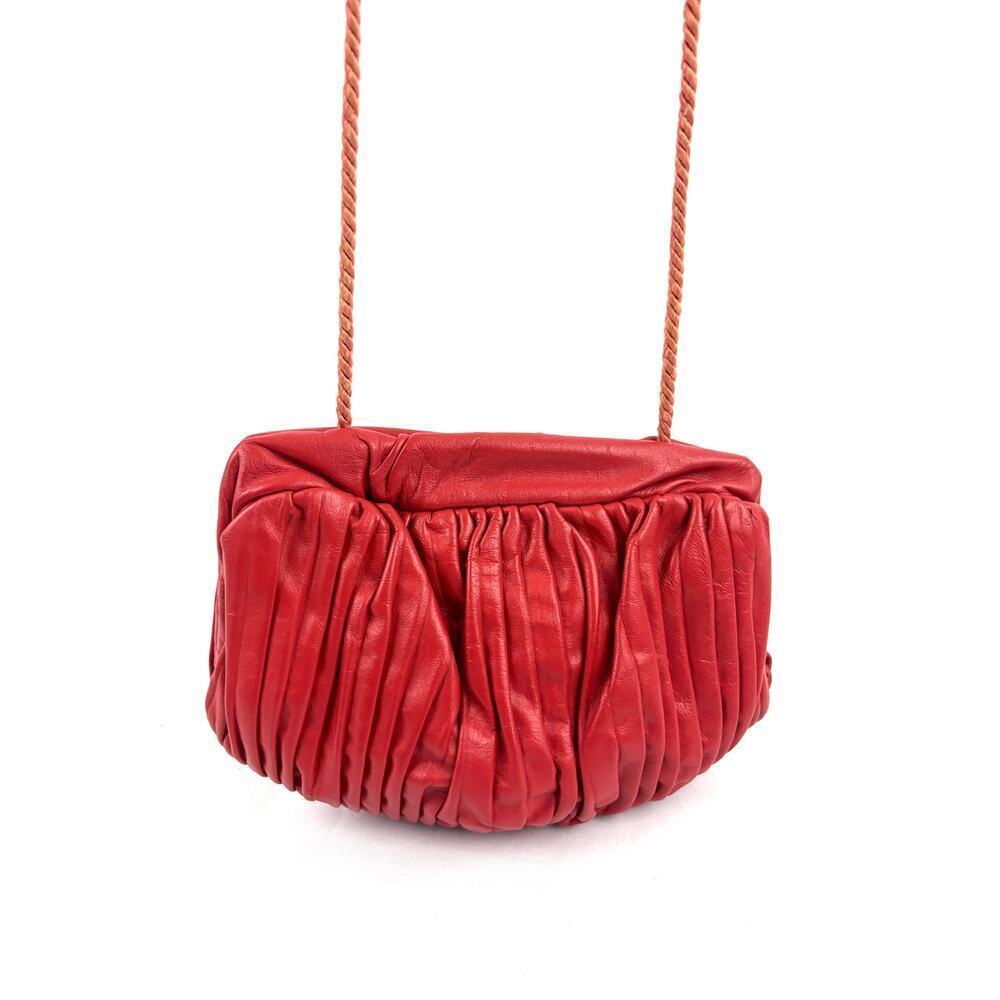 VTG Red Clamshell Clutch Handbag‎ Purse Crossbody Bag Gathered Leather 1970s